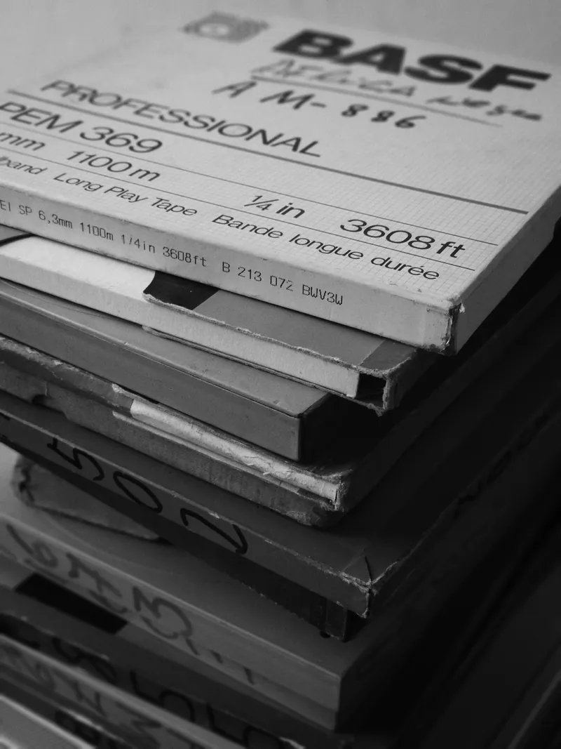 Reel-to-reel tapes from the Rádio Nacional de São Tomé archive, including BASF, Ampex, Scotch, TDK and Sony